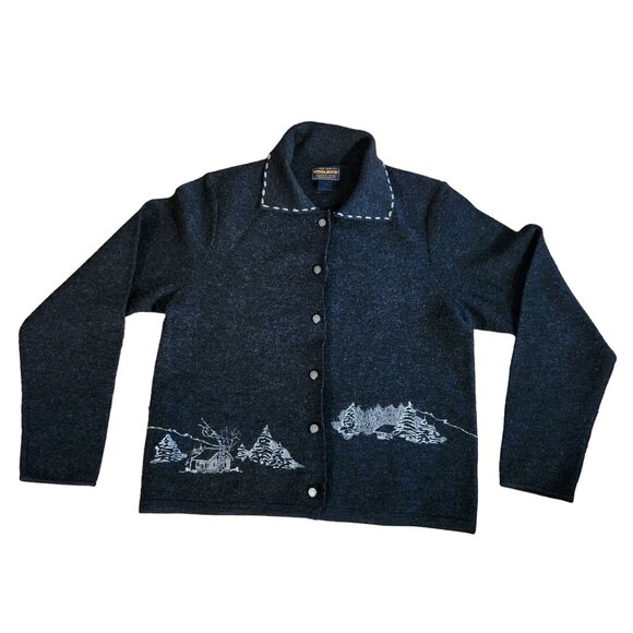 Woolrich Womens Medium Charcoal Gray Button-Up Cardigan With Embroidered Forest - Picture 1 of 10